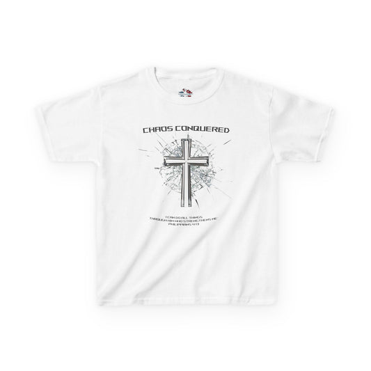 Chaos Conquered Christian Kids T-Shirt | Philippians 4:13 Boys Faith Tee – Inspirational Bible Verse Apparel for Young Warriors