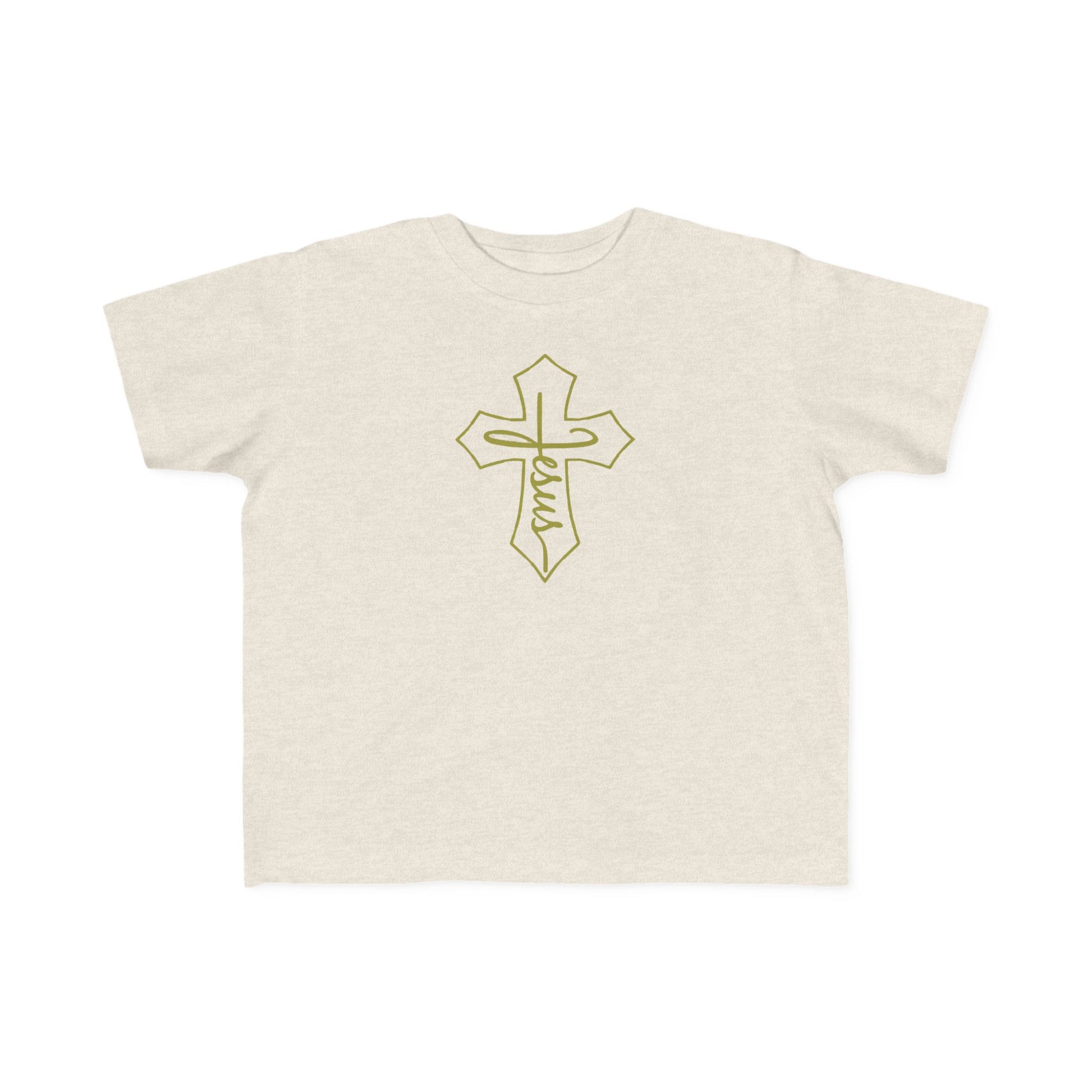 Beige t-shirt with a gold cross and 'Faith' text on a white background