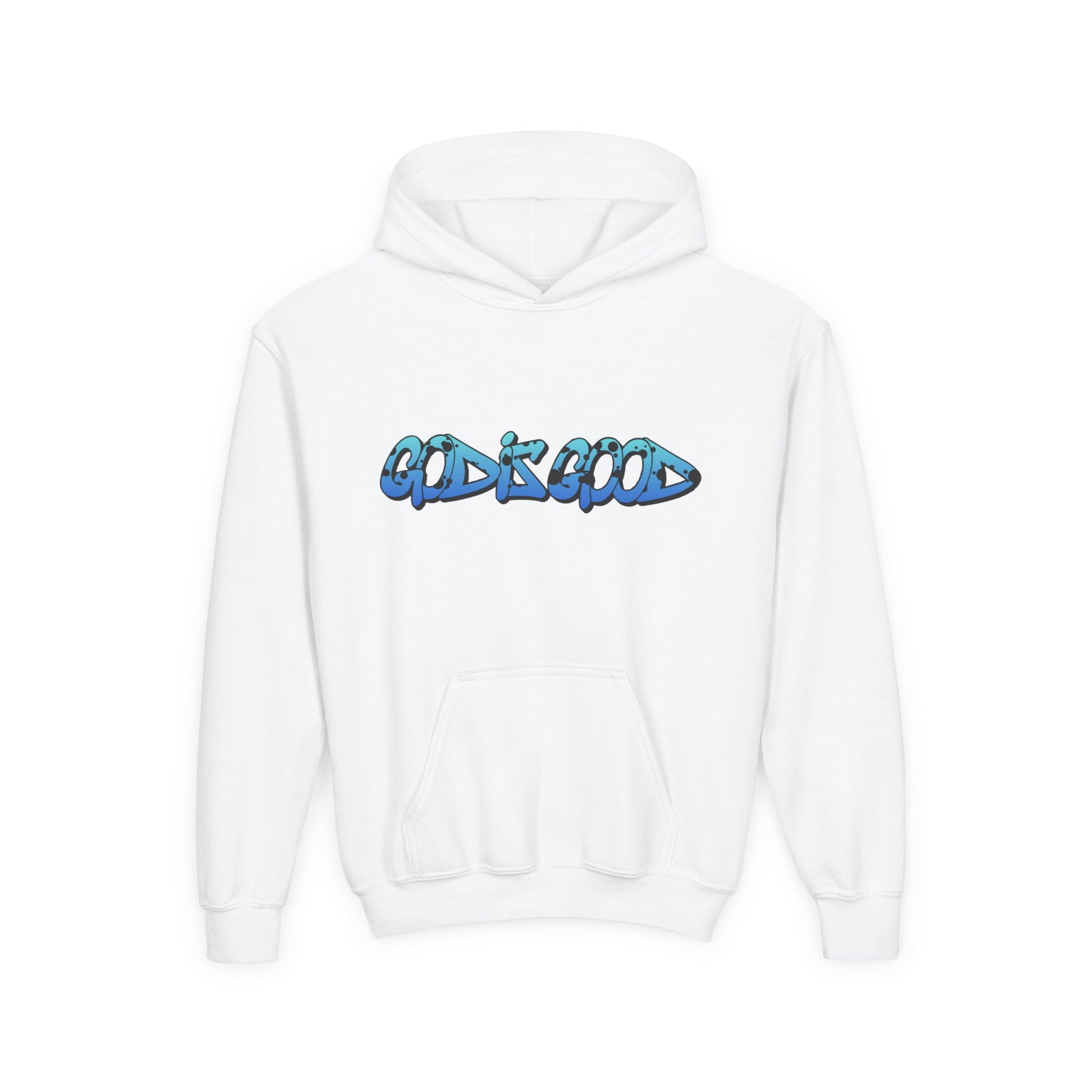 Youth black cotton hoodie with 'God is Good' text in bold white, Christian faith design for teens