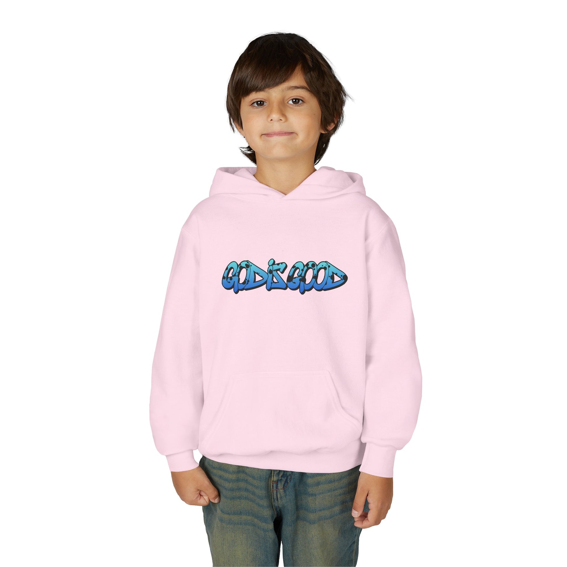 Youth black cotton hoodie with 'God is Good' text in bold white, Christian faith design for teens