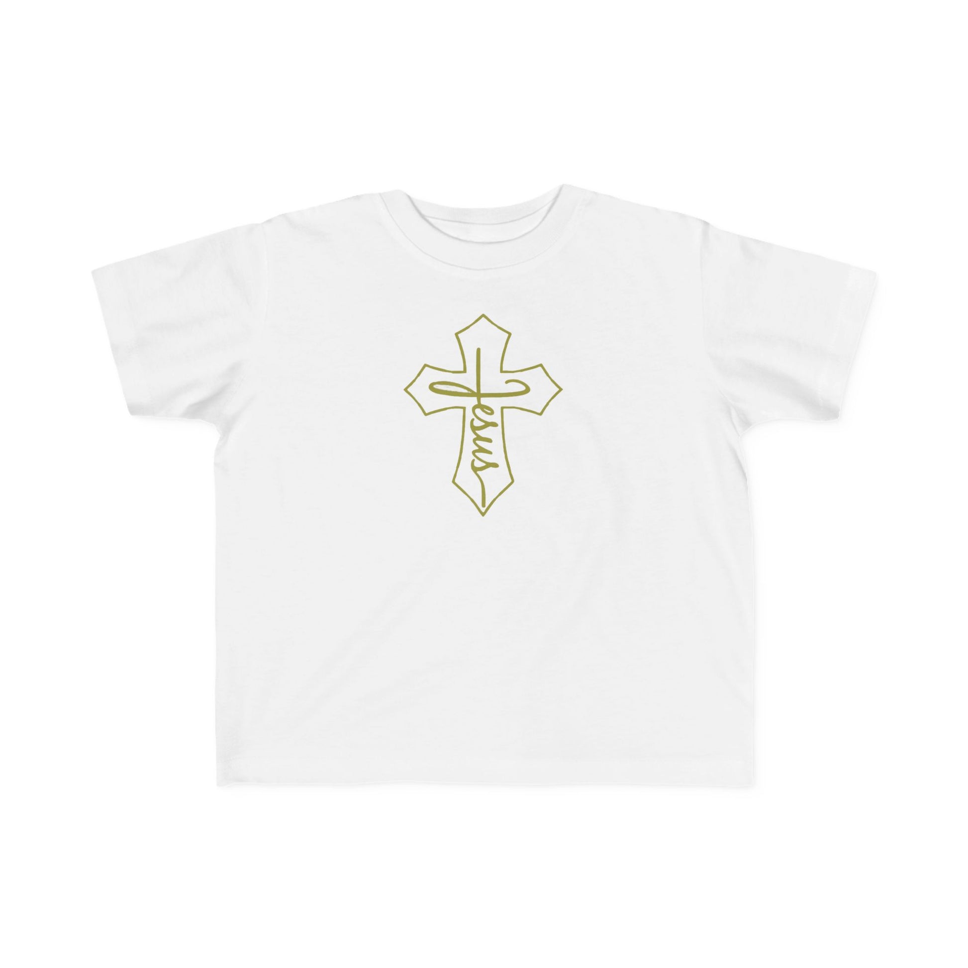 White t-shirt with a gold cross design on a white background