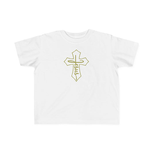 White t-shirt with a gold cross design on a white background