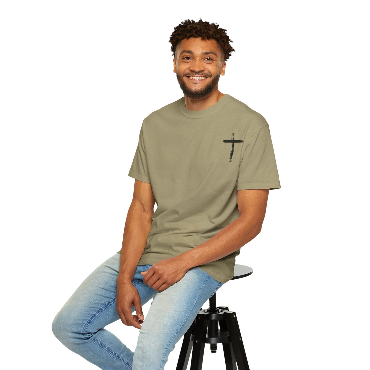 Men's white T-shirt with black cross and John 3:16 Bible verse, Christian faith apparel.
