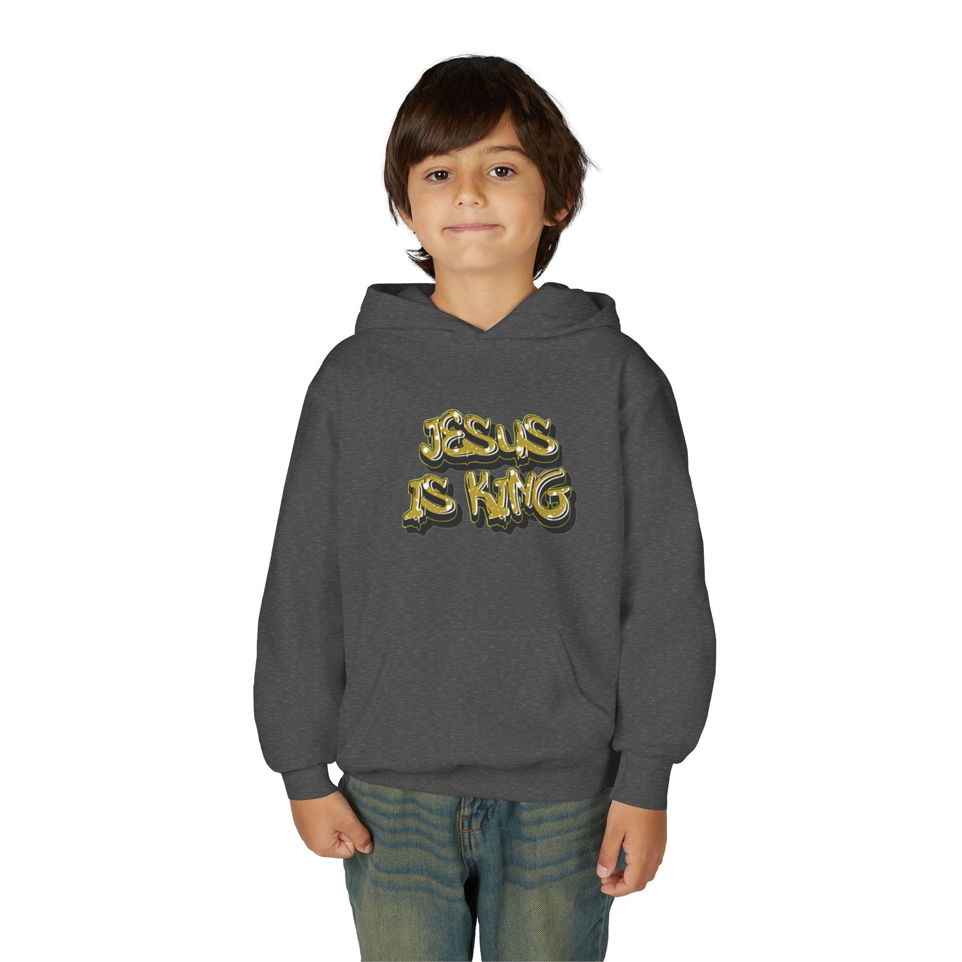 Youth gold on black 'Jesus Is King' hoodie, urban Christian apparel for young believers.