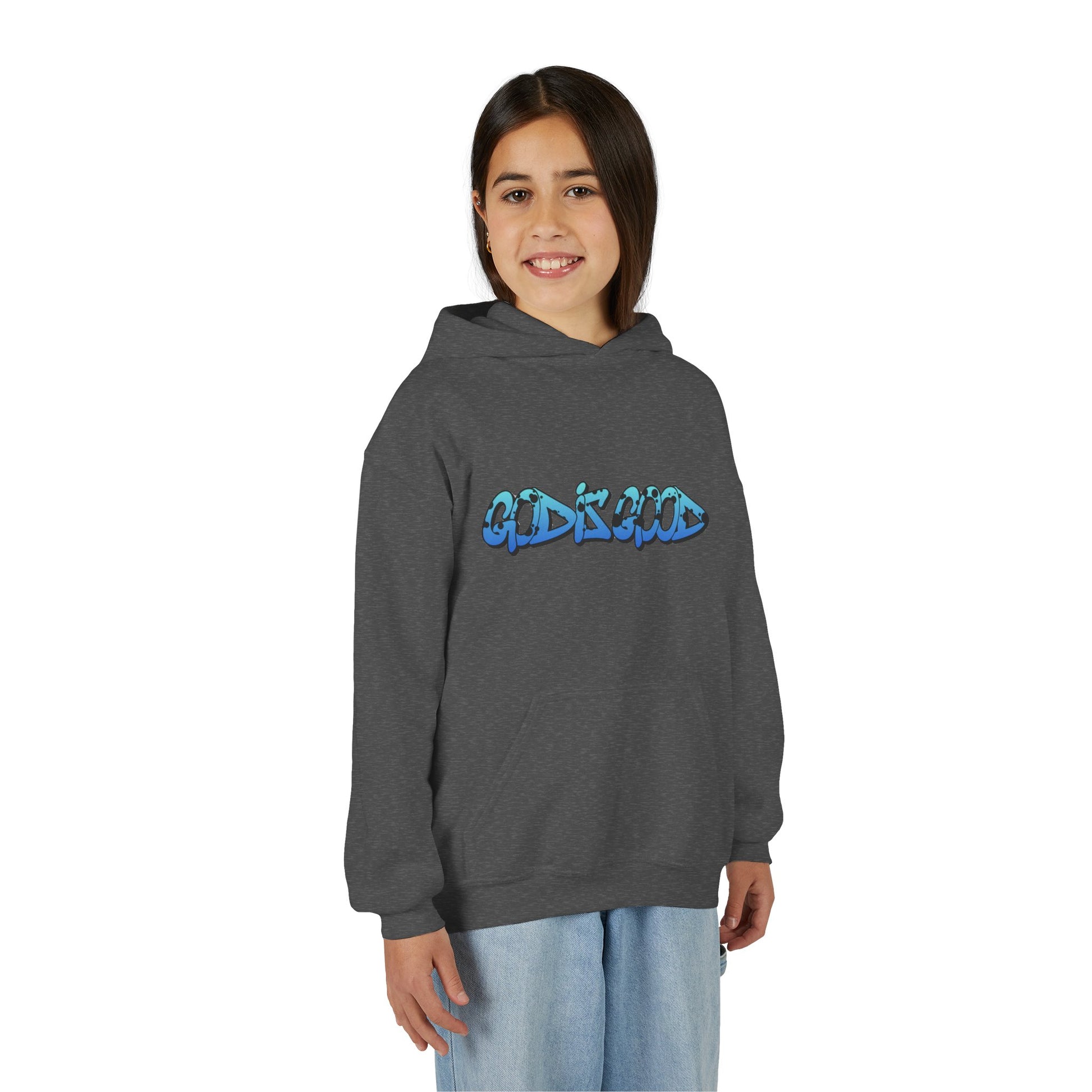 Youth black cotton hoodie with 'God is Good' text in bold white, Christian faith design for teens
