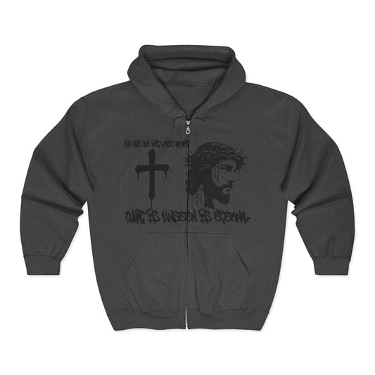 Distressed graffiti Jesus profile with dripping cross and “So We Do Not Lose Heart” text on Christian warrior hoodie