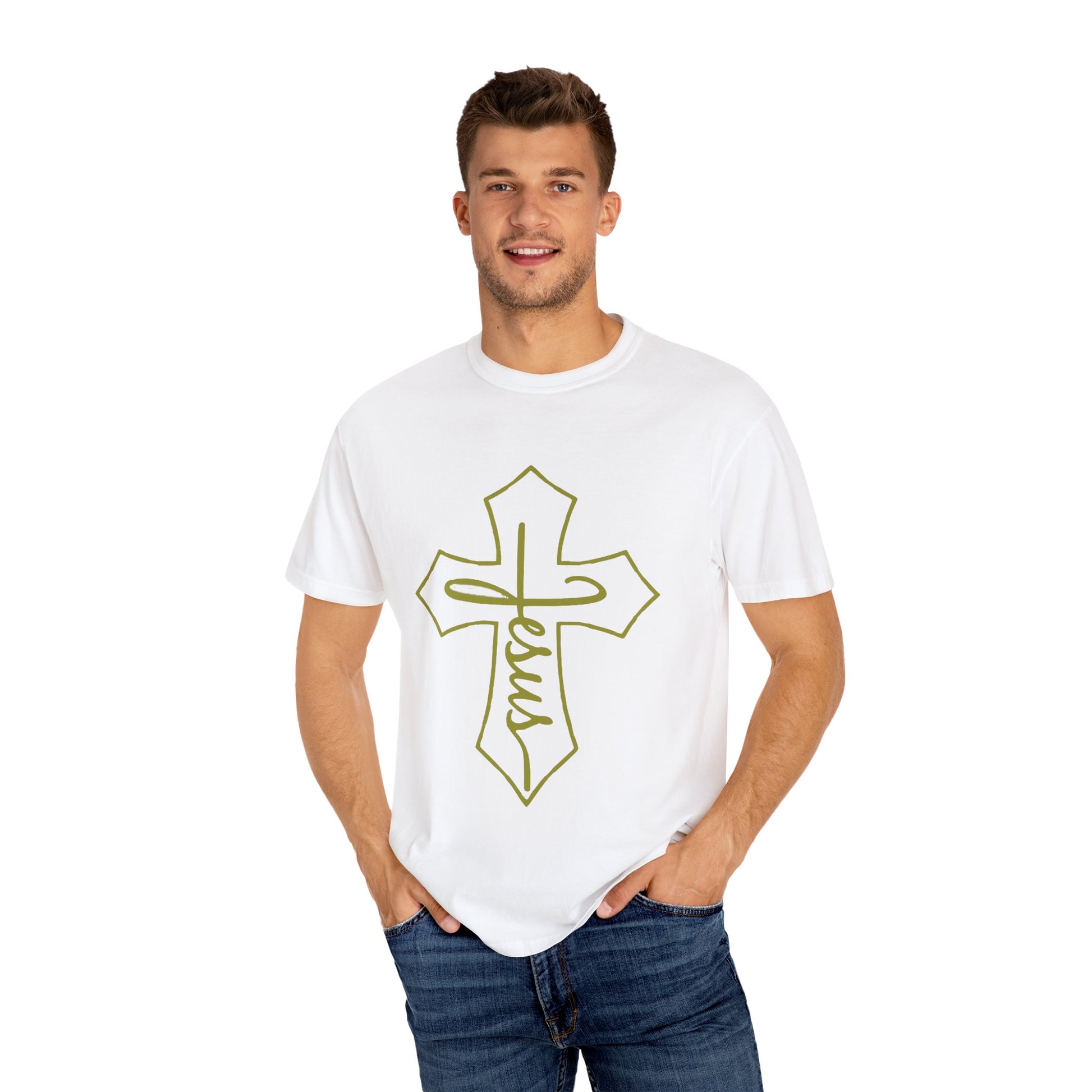 Man wearing a white t-shirt with a gold cross and 'Jesus' on a white background