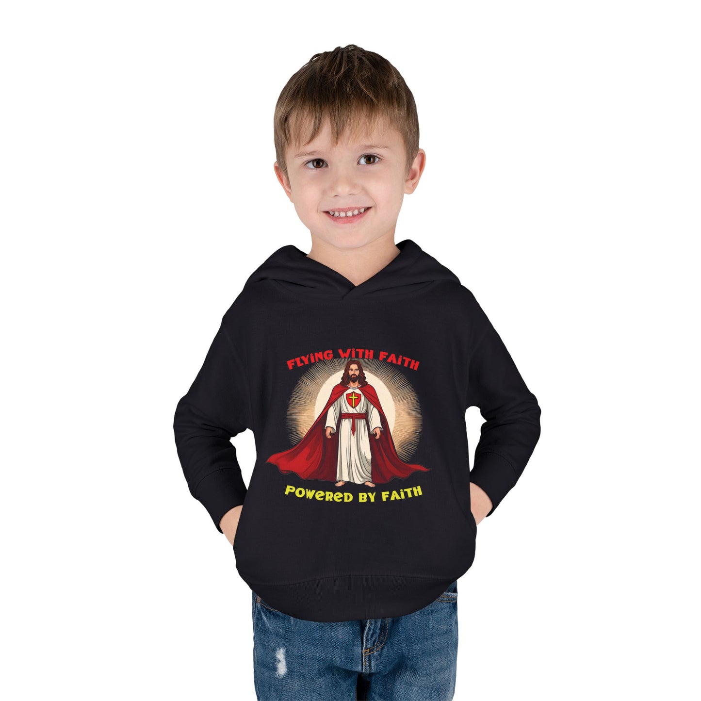 Toddler blue hoodie with Flying with Faith text and superhero Jesus graphic, vibrant Christian kids apparel