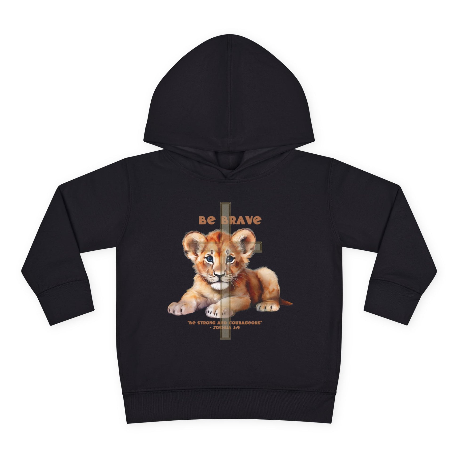 Black hoodie with a lion cub design and 'Be Brave' text on a white background