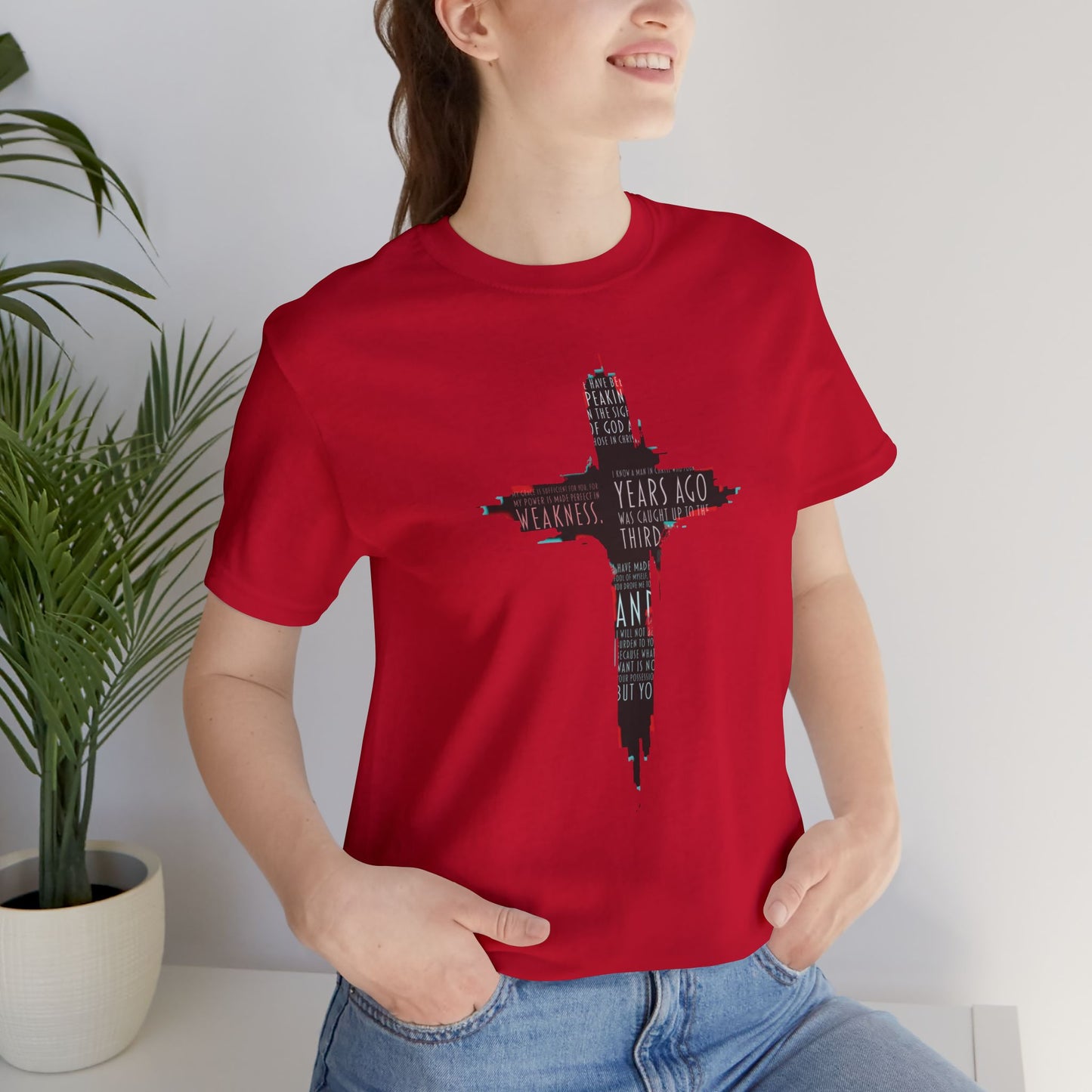 Glitched Cross Christian T-Shirt | Minimalist Bible Verse Grace Tee | Edgy Cyber Faith Streetwear | 2 Corinthians 12:9 Glitch Art