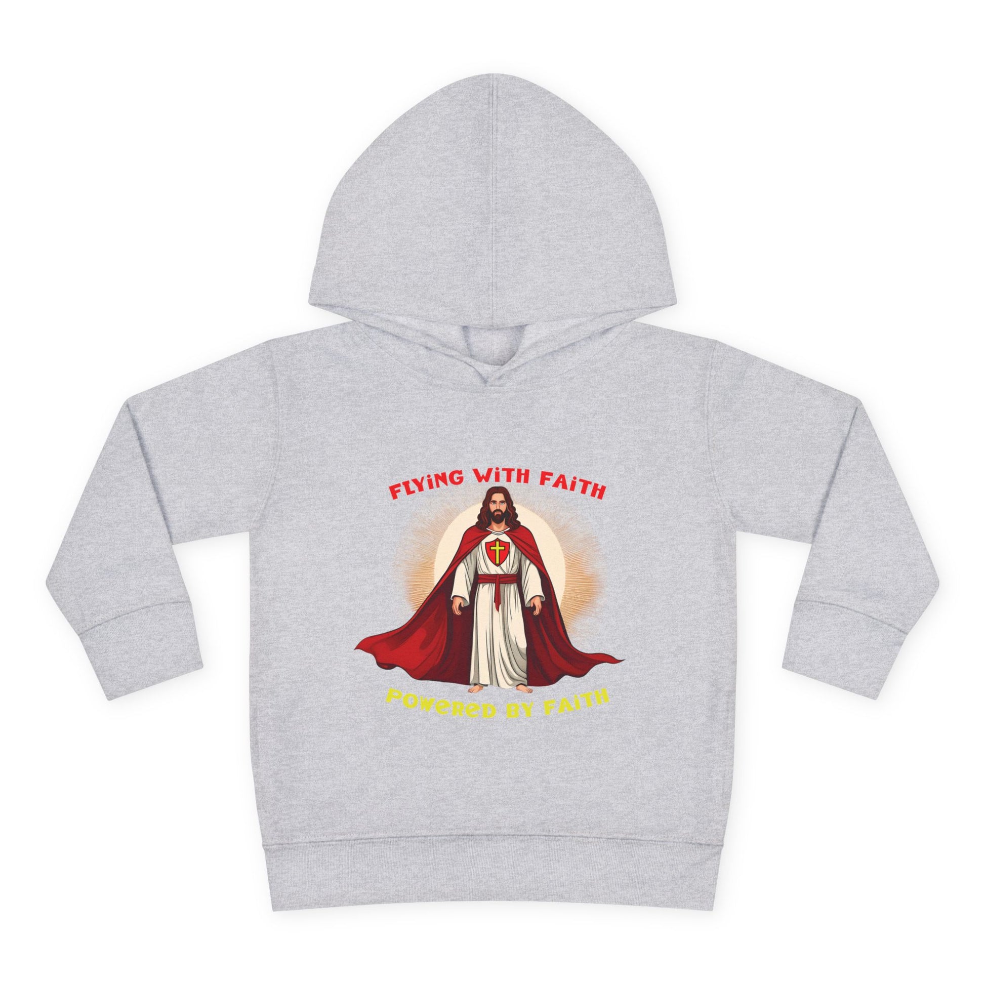 Toddler blue hoodie with Flying with Faith text and superhero Jesus graphic, vibrant Christian kids apparel