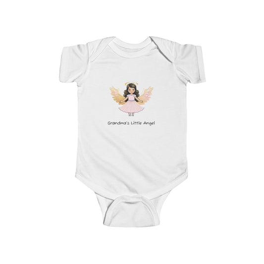 White baby onesie with an angel illustration and text on a white background