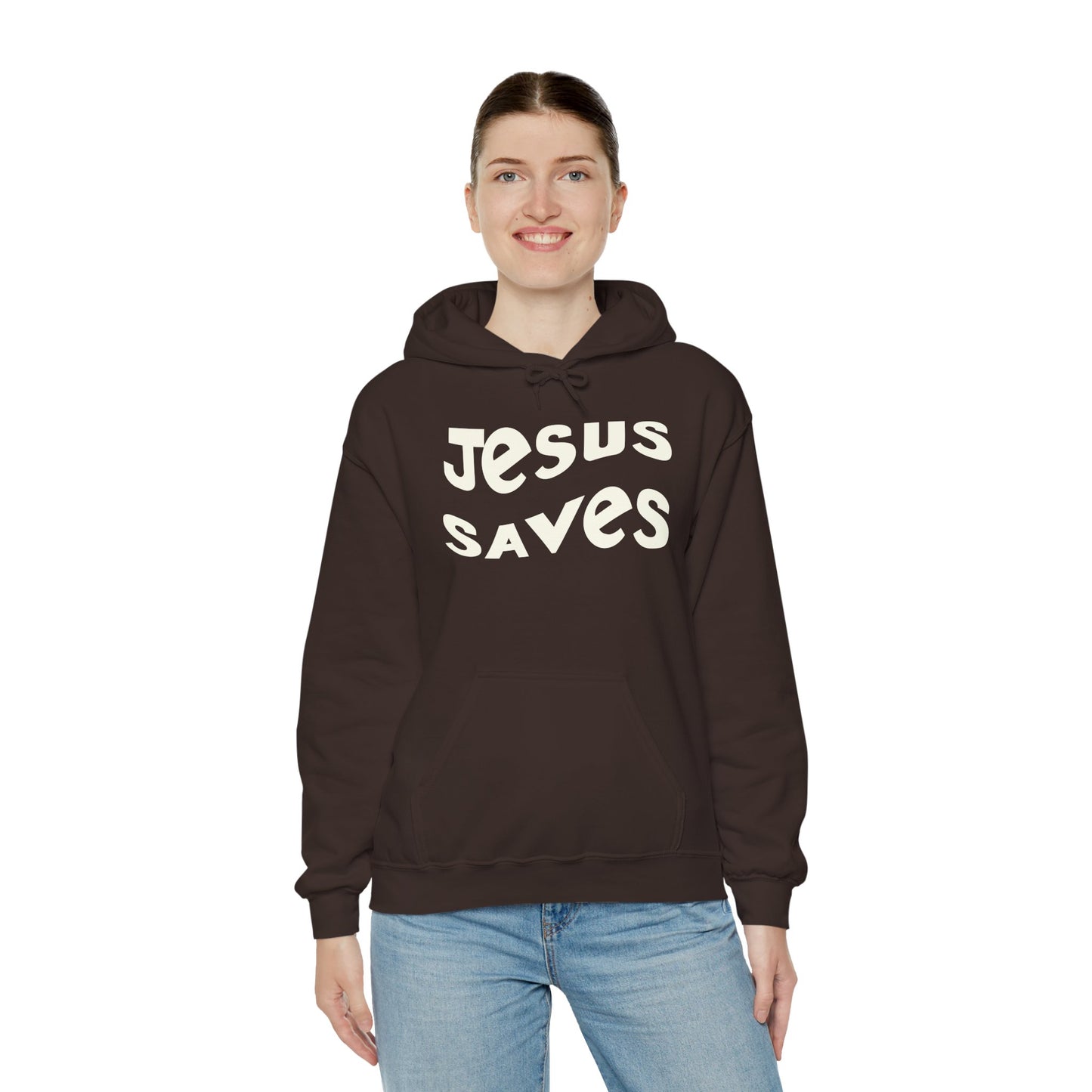 Women’s Christian hoodie with 'Jesus Saves' text, floral cross design, faith apparel for women