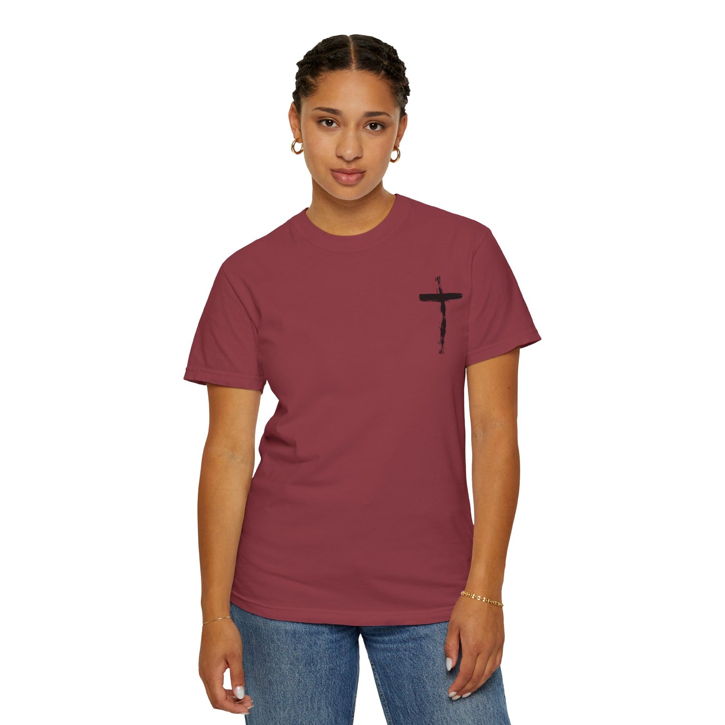 Men's white T-shirt with black cross and John 3:16 Bible verse, Christian faith apparel.