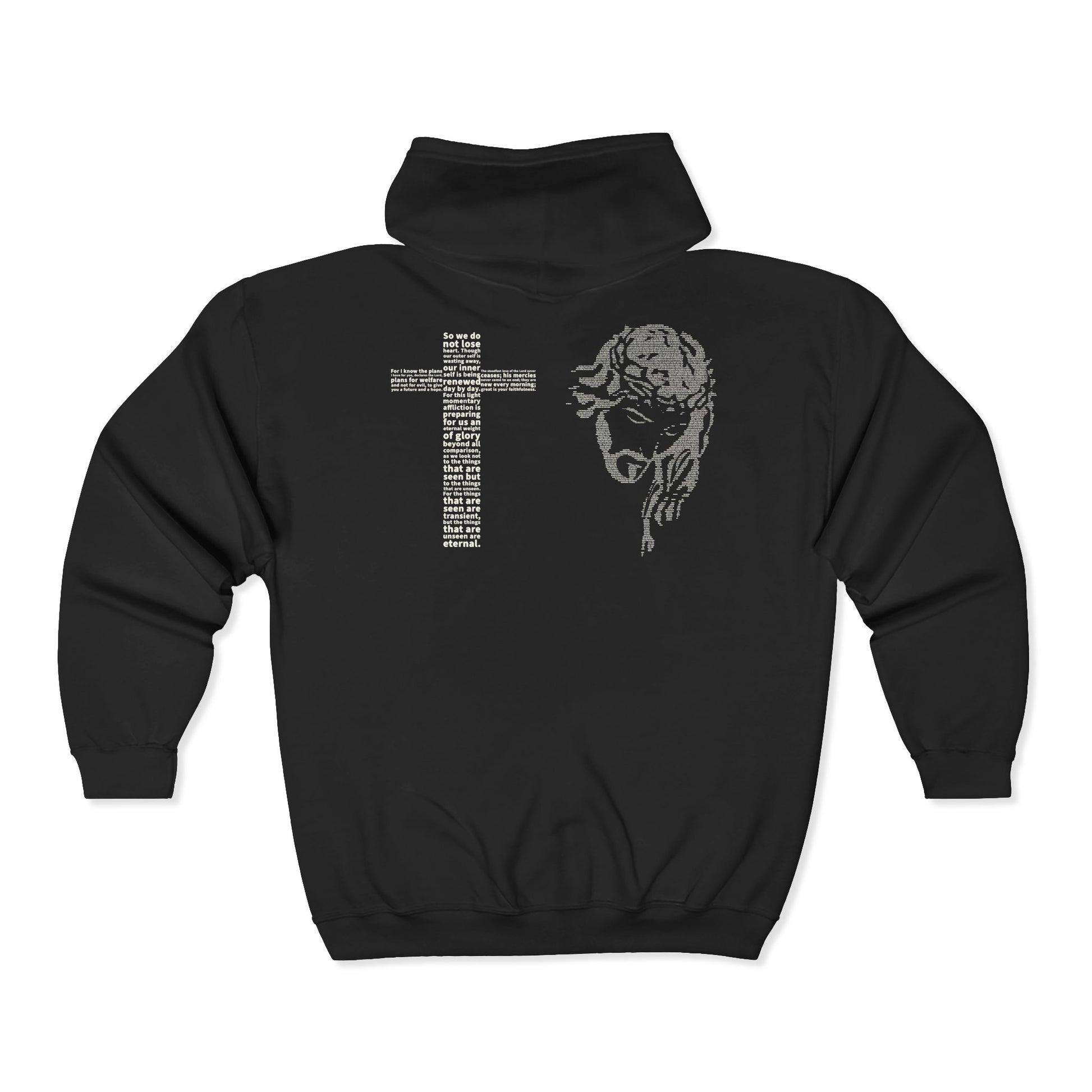 Black hoodie with a cross and skull design on the back against a white background