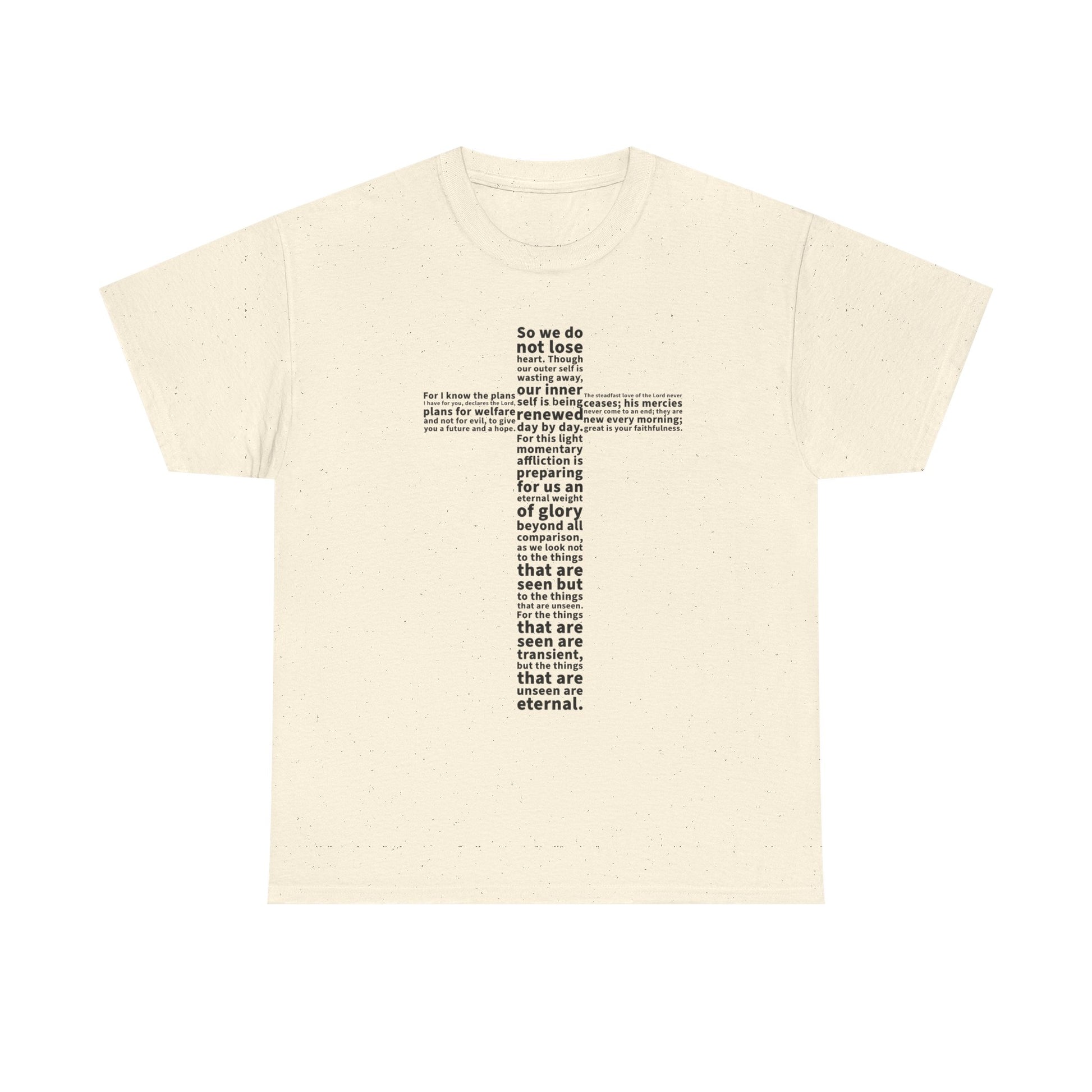 Beige t-shirt with black text on a white background