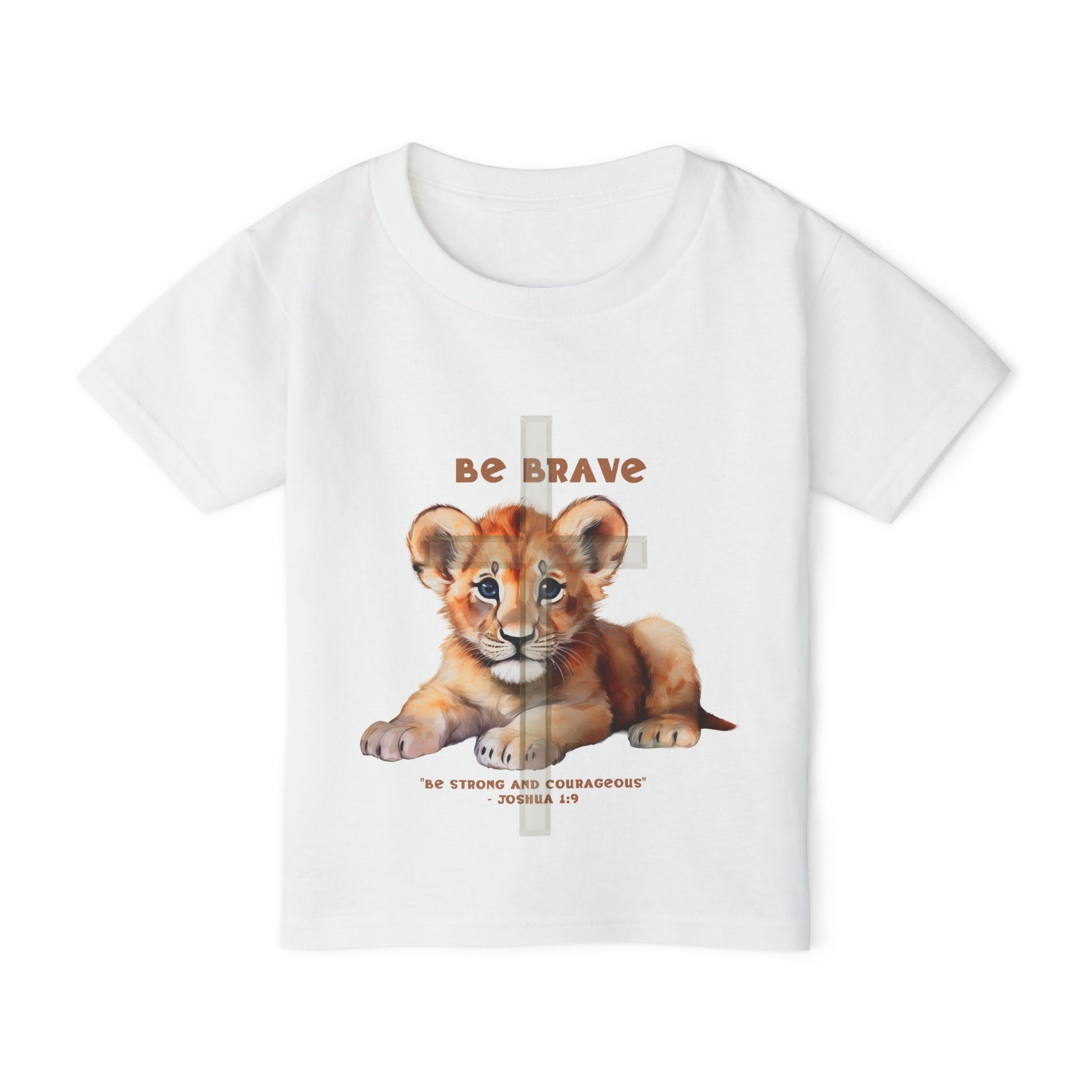 White t-shirt with a lion cub graphic and 'Be Brave' text on a white background