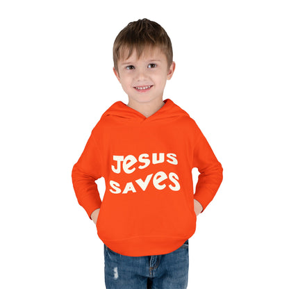 Kids' hoodie with 'Jesus Saves' text and cross graphic, vibrant Christian faith apparel for children.