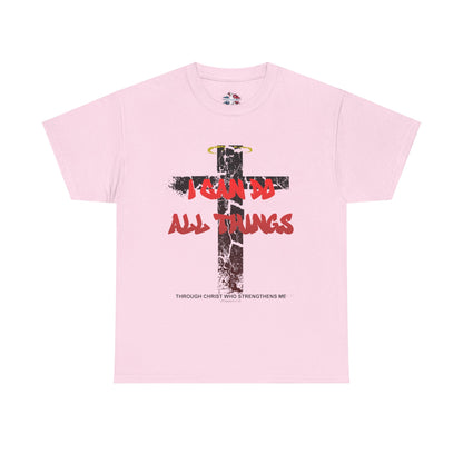 Shattered Cross Graffiti Philippians 4:13 Christian t-shirt with red distressed text integrated into cracked cross  

