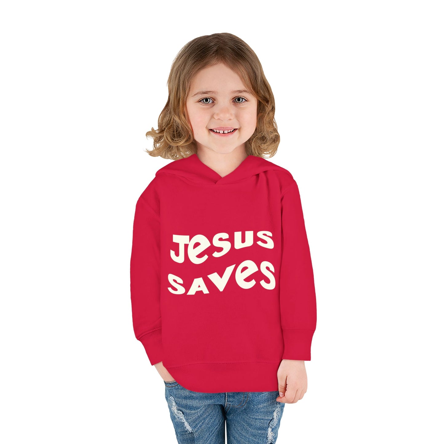 Kids' hoodie with 'Jesus Saves' text and cross graphic, vibrant Christian faith apparel for children.