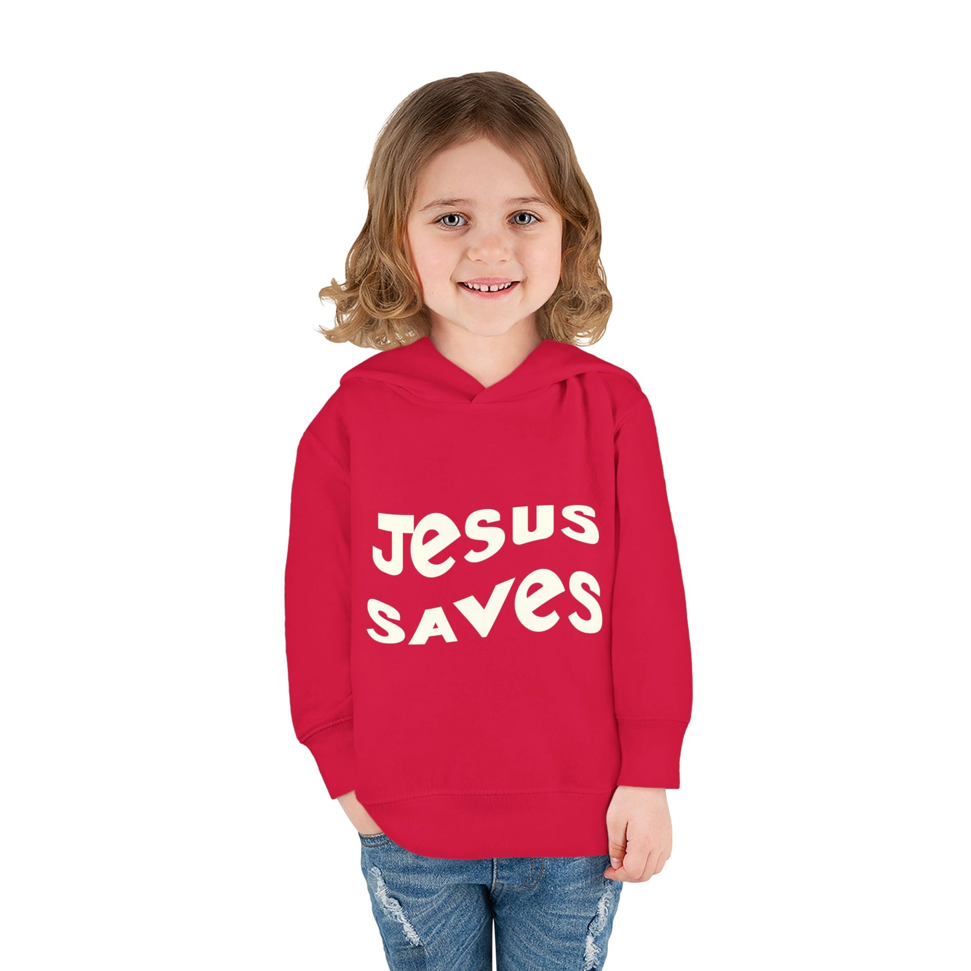 Kids' hoodie with 'Jesus Saves' text and cross graphic, vibrant Christian faith apparel for children.