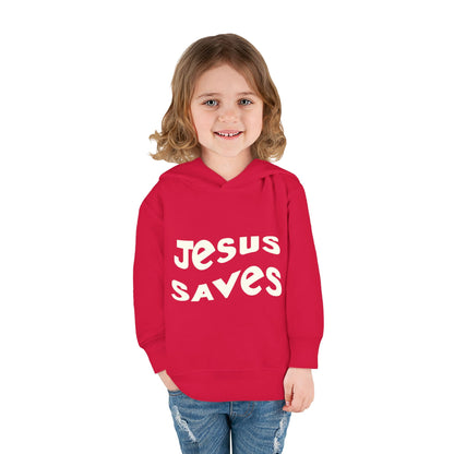 Kids' hoodie with 'Jesus Saves' text and cross graphic, vibrant Christian faith apparel for children.