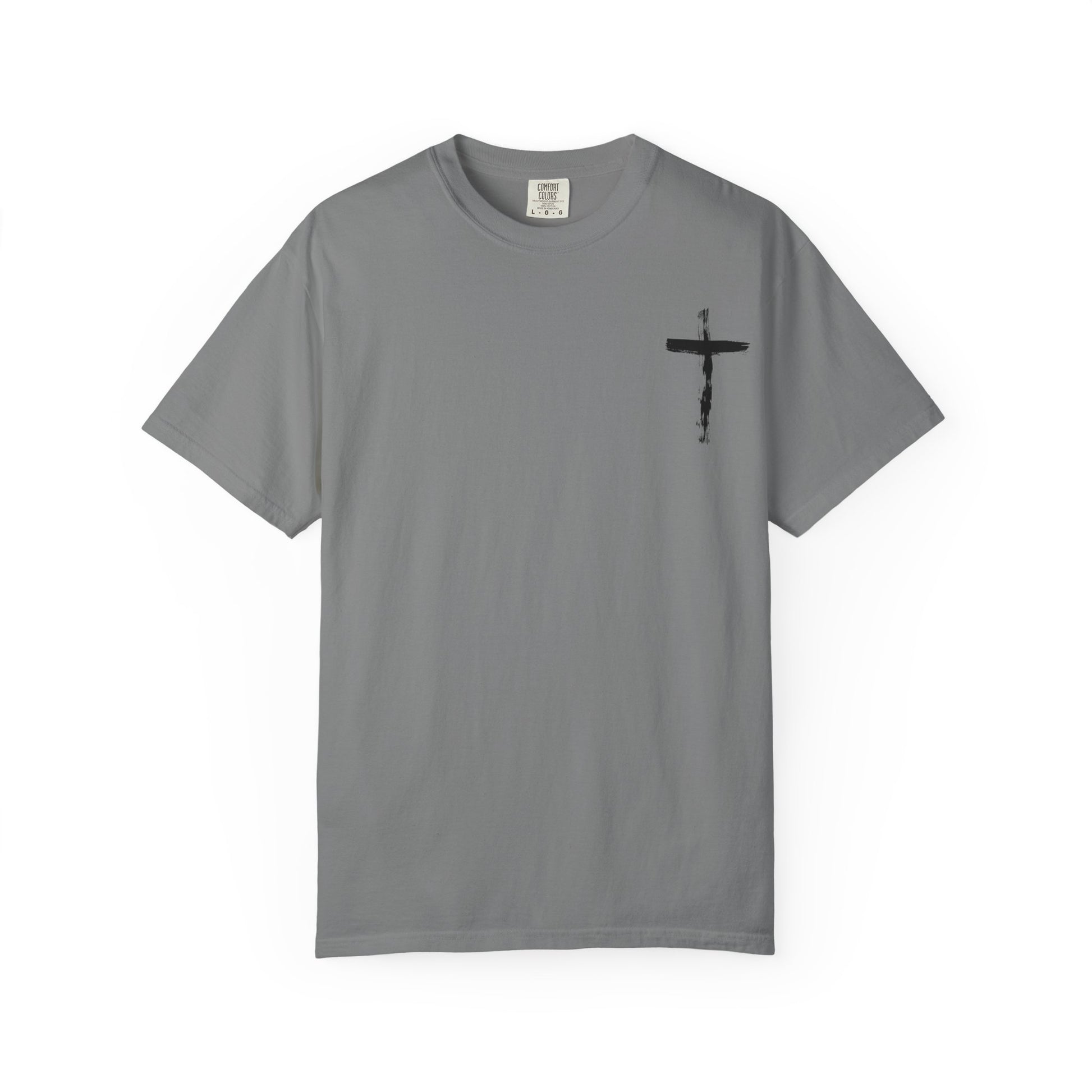 Men's white T-shirt with black cross and John 3:16 Bible verse, Christian faith apparel.

