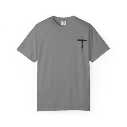 Men's white T-shirt with black cross and John 3:16 Bible verse, Christian faith apparel.


