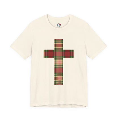 Plaid Cross Christmas Tee – Rustic Faith Holiday T-Shirt
