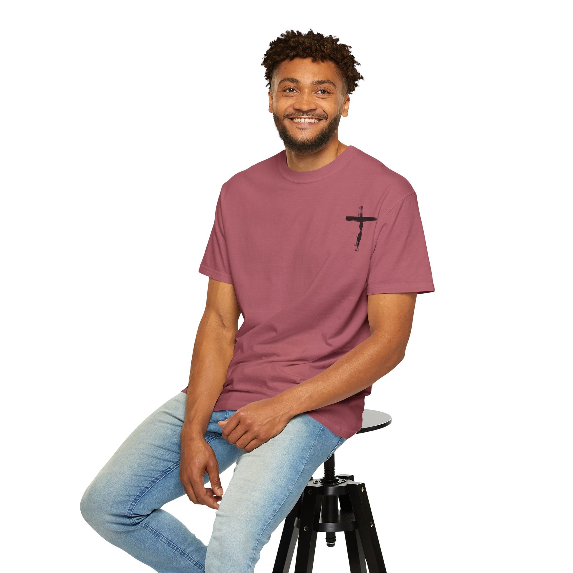Men's white T-shirt with black cross and John 3:16 Bible verse, Christian faith apparel.

