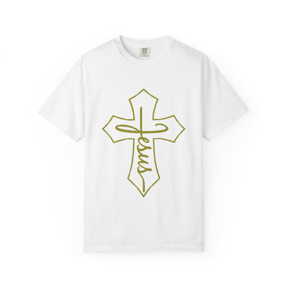 White t-shirt with a green cross and 'Jesus' text on a white background