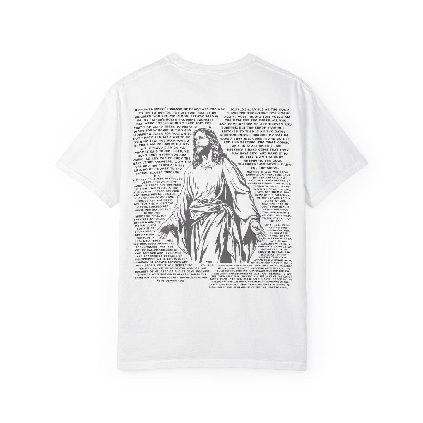Men's white T-shirt with black cross and John 3:16 Bible verse, Christian faith apparel.

