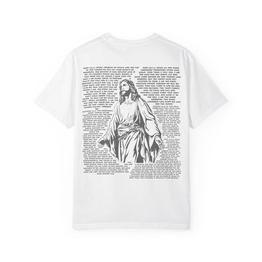 Men's white T-shirt with black cross and John 3:16 Bible verse, Christian faith apparel.

