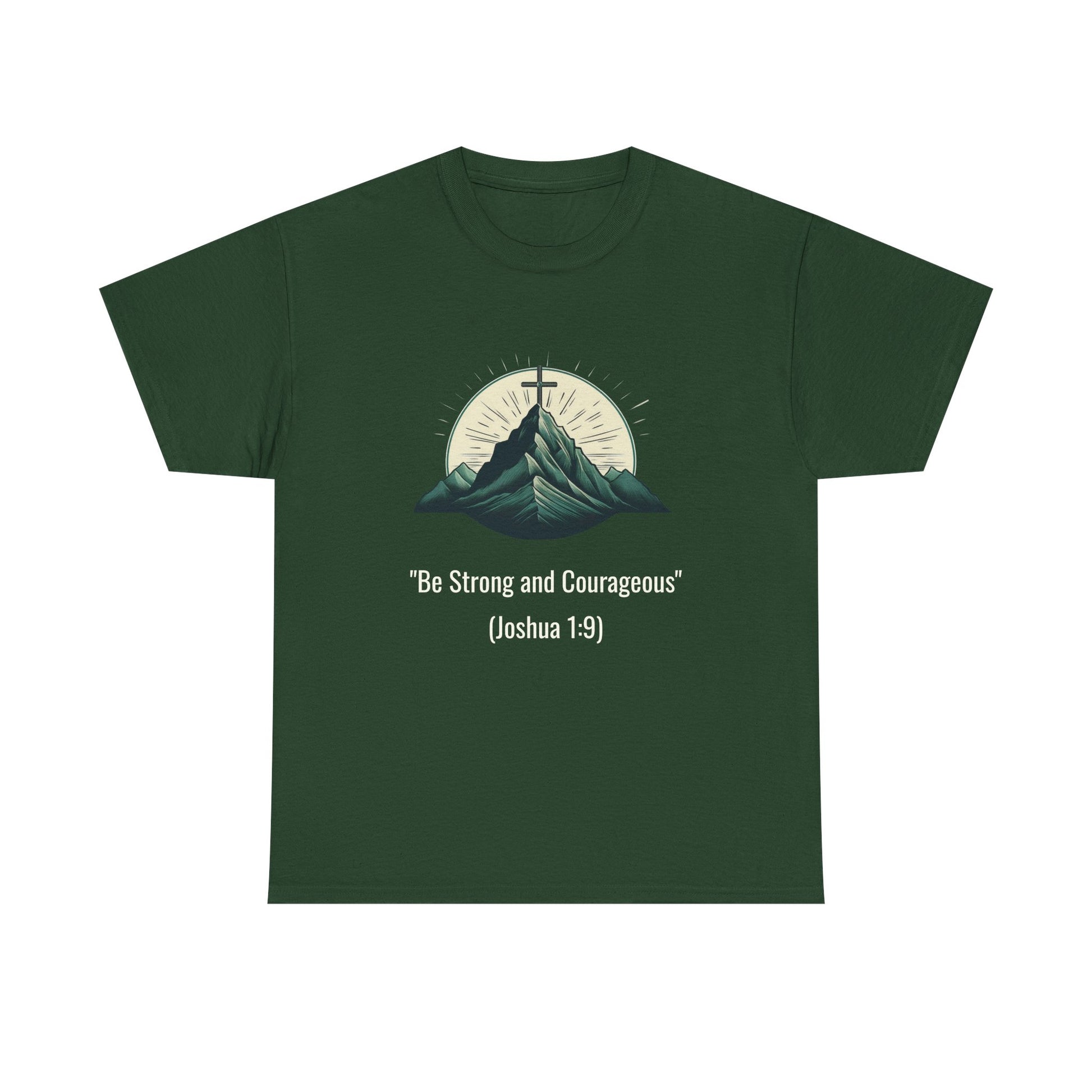 Green t-shirt with mountain design and motivational quote on a white background