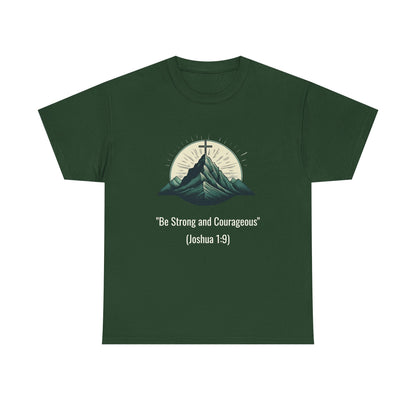 Green t-shirt with mountain design and motivational quote on a white background