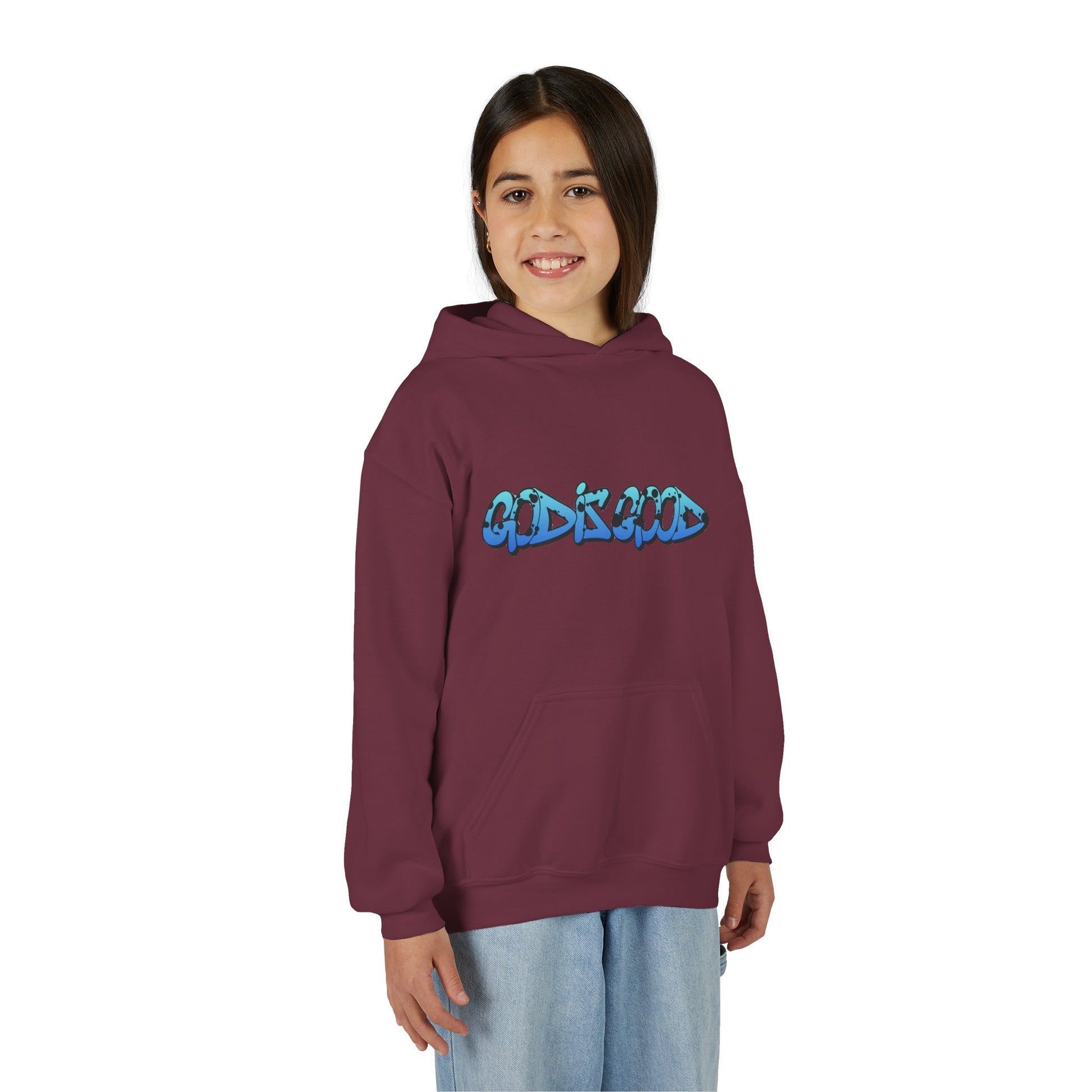Youth black cotton hoodie with 'God is Good' text in bold white, Christian faith design for teens
