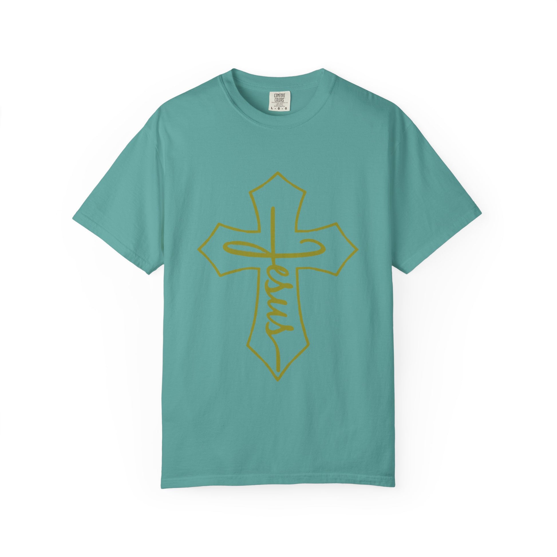 Teal t-shirt with a gold cross and 'Jesus' on a white background