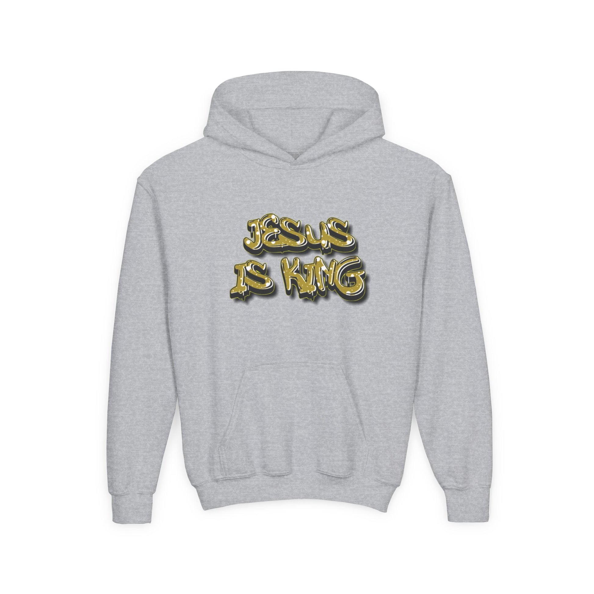 Youth gold on black 'Jesus Is King' hoodie, urban Christian apparel for young believers.

