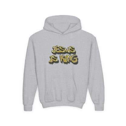 Youth gold on black 'Jesus Is King' hoodie, urban Christian apparel for young believers.

