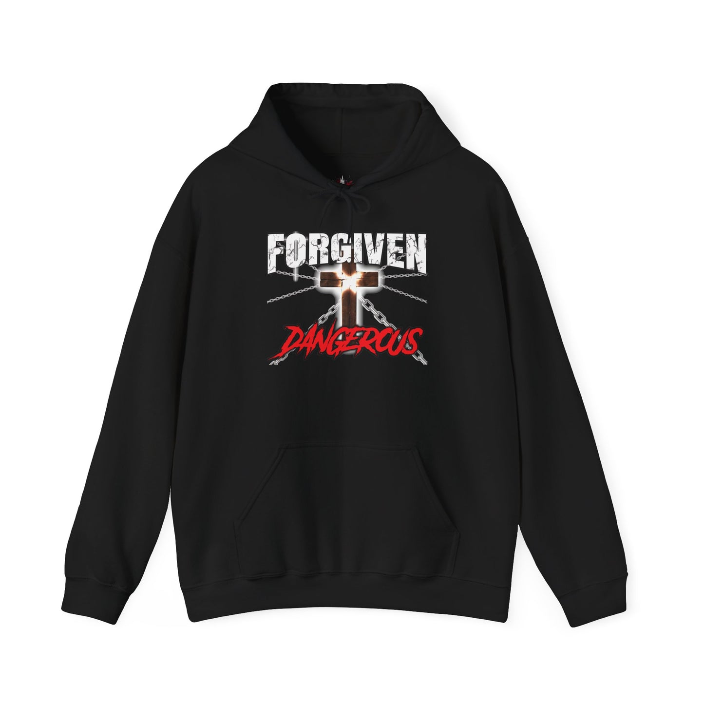 Forgiven & Dangerous Christian Hoodie black with glowing cross roaring lion broken chains, grace and power faith apparel  

