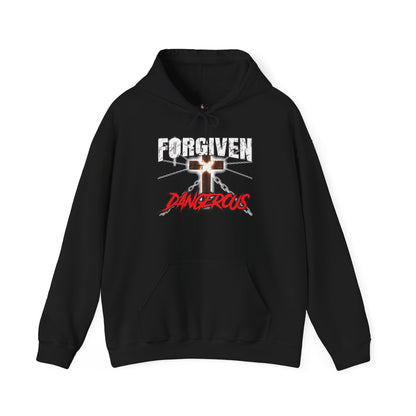 Forgiven & Dangerous Christian Hoodie black with glowing cross roaring lion broken chains, grace and power faith apparel  

