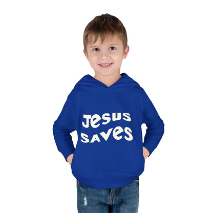 Kids' hoodie with 'Jesus Saves' text and cross graphic, vibrant Christian faith apparel for children.