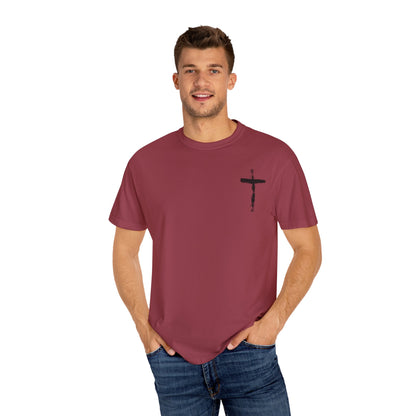 Men's white T-shirt with black cross and John 3:16 Bible verse, Christian faith apparel.

