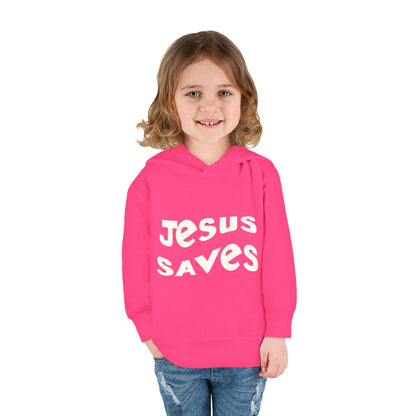 Kids' hoodie with 'Jesus Saves' text and cross graphic, vibrant Christian faith apparel for children.