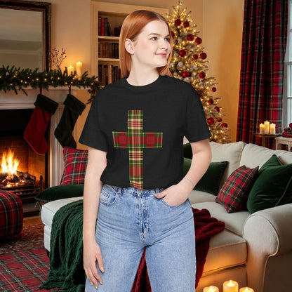 Plaid Cross Christmas Tee – Rustic Faith Holiday T-Shirt
