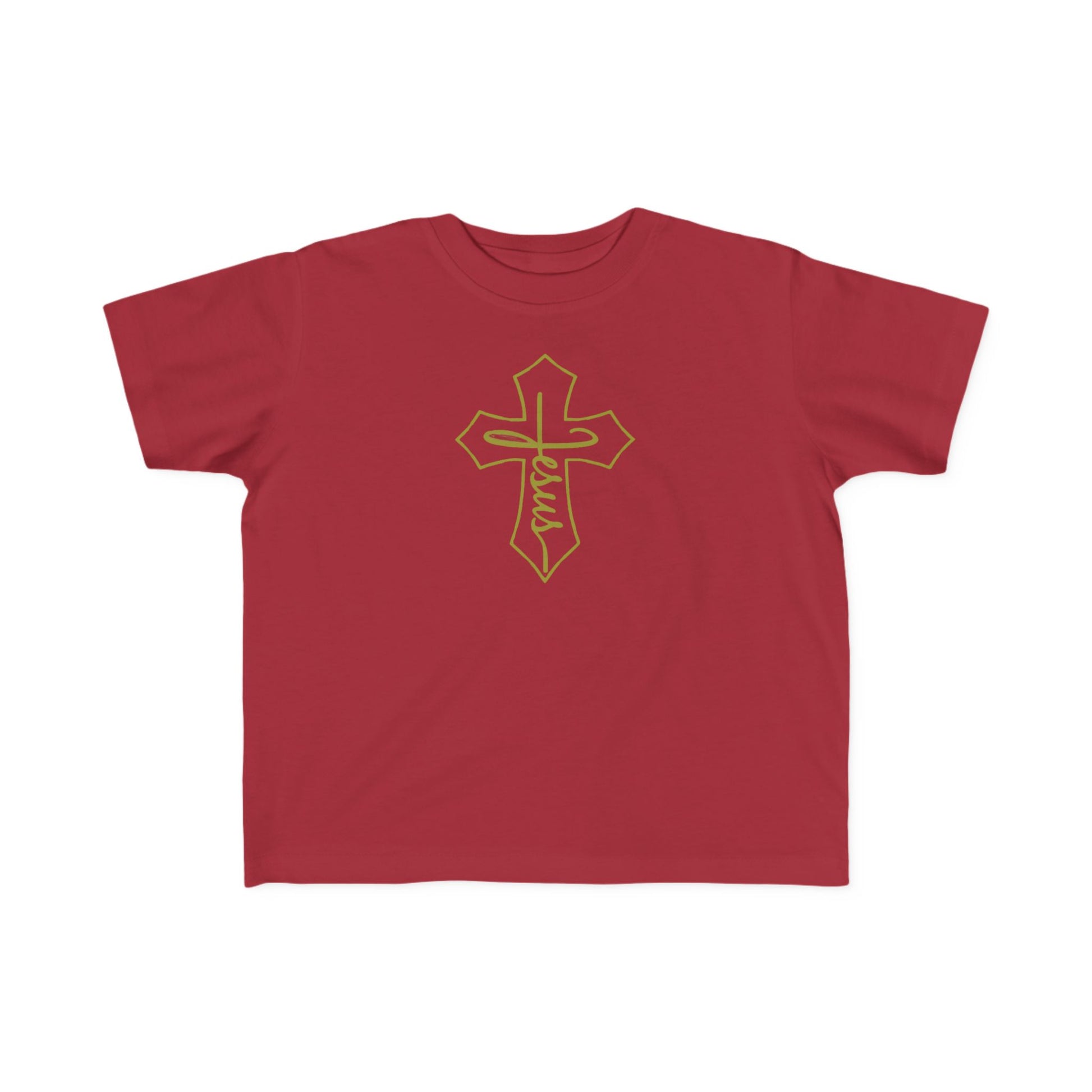 Red t-shirt with a gold cross and 'Jesus' text on a white background