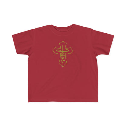 Red t-shirt with a gold cross and 'Jesus' text on a white background