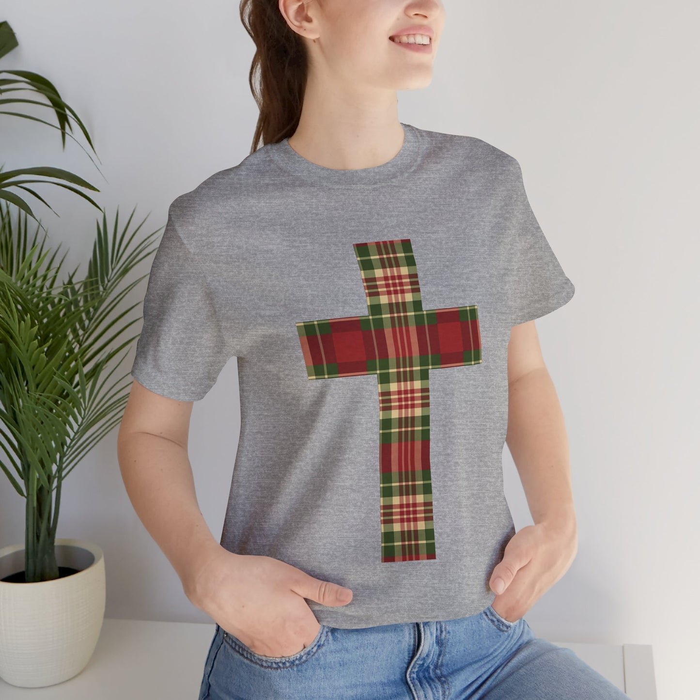 Plaid Cross Christmas Tee – Rustic Faith Holiday T-Shirt