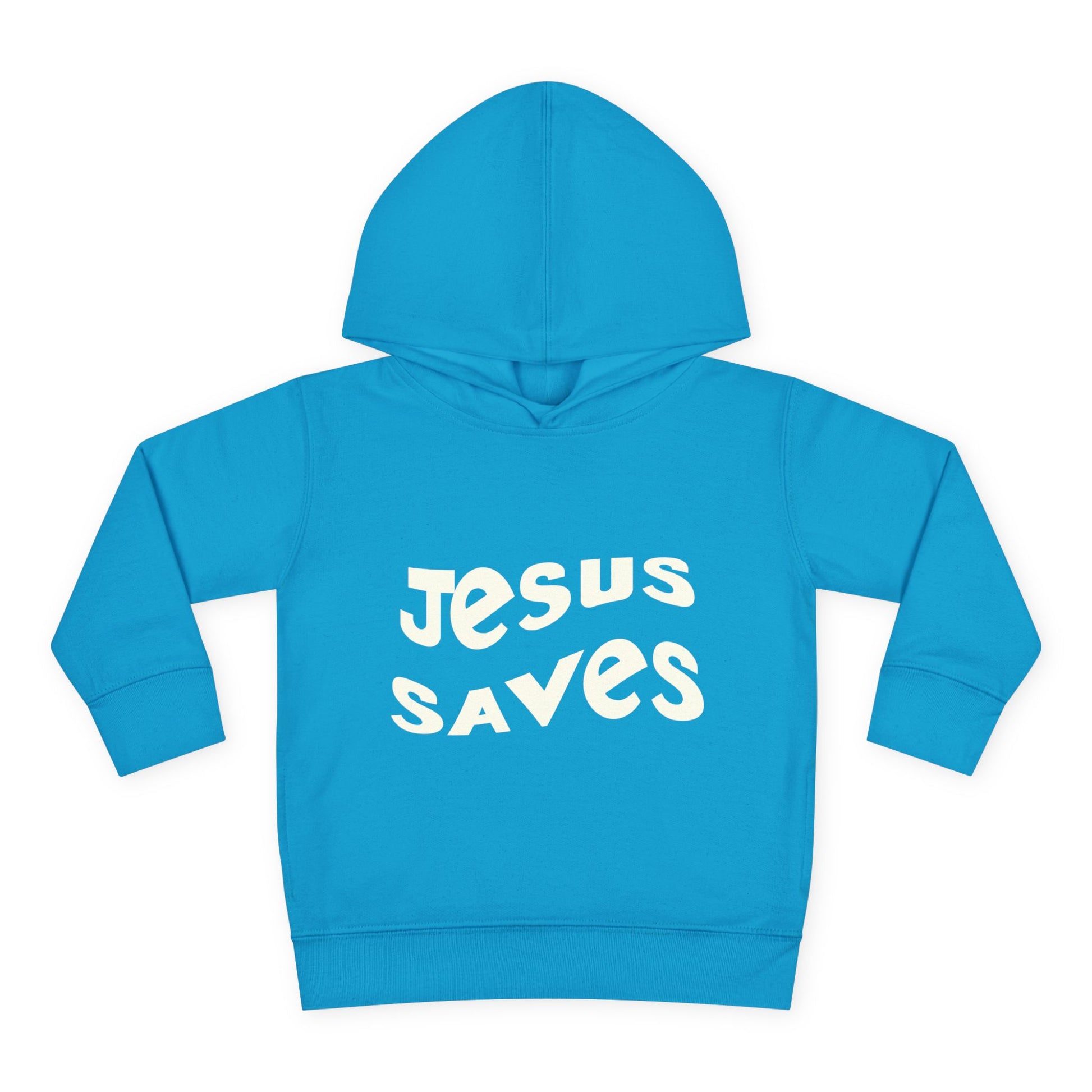 Kids' hoodie with 'Jesus Saves' text and cross graphic, vibrant Christian faith apparel for children.