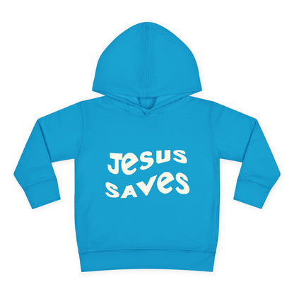 Kids' hoodie with 'Jesus Saves' text and cross graphic, vibrant Christian faith apparel for children.